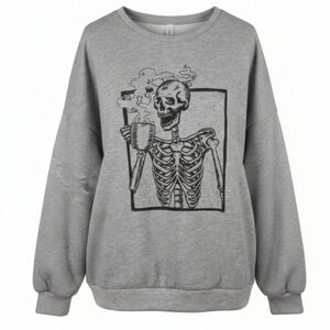 [[Chicyea]] Cozy Gray Skeleton Graphic Sweatshirt